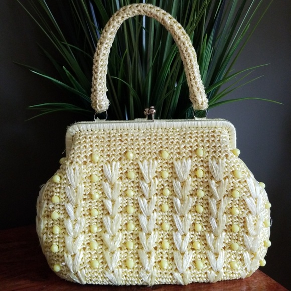 Vintage Mid Century Bradlees Yellow Straw Beaded Bag Made in Japan - Picture 11 of 11